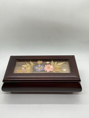 Vintage Bombay Company Floral Inlay Wooden Music Box - Plays Love story